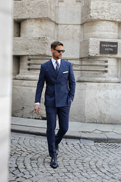AEK COLLECTION Men's Navy Blue Striped Double Breasted Suit