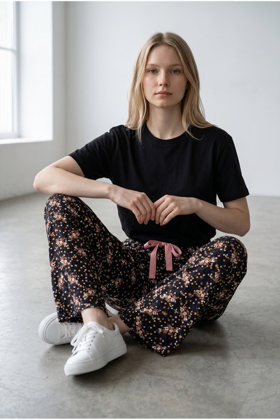 Erse Siyah Çiçek Desenli %100 Pamuk Pijama Altı