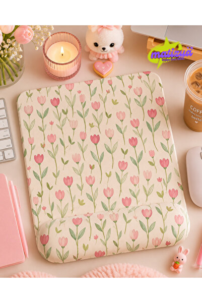 matizya Pembe Lale Desenli Kare Bilek Destekli Mousepad 19x23 cm Ergonomik Ka...