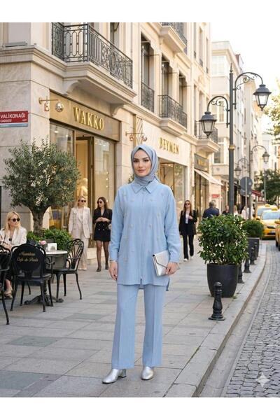 Moodbasic Taşlı Fermuarlı Keten Takım - İndigo
