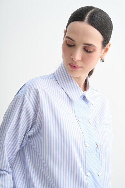 Moodbasic Çizgili Çıt Çıt Detaylı Gömlek - Mavi