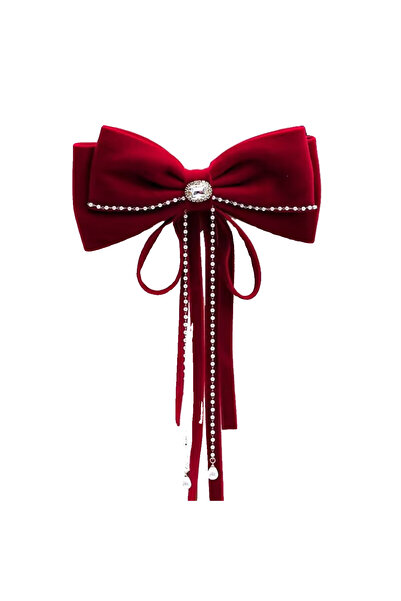 MD Moda Accessories Velvet Bow Hair Clip with Pearl Chain Detail