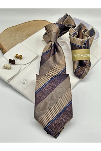 Gutiero Beige Striped Classic Tie with Handkerchief