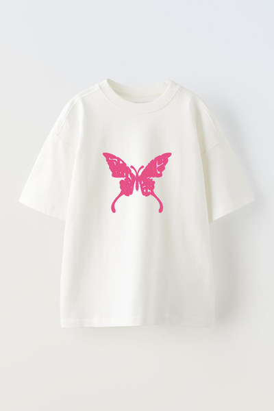 Anetos Tricou oversize alb din bumbac cu imprimeu frontal cu design Fluture Roz