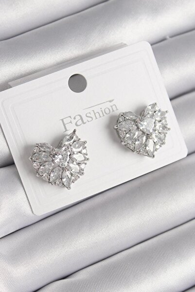 isiltikidsmoda Brass Silver Color Zircon Stone Heart Model Women's Earrings