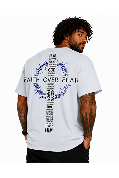 MocGrande Men's Large Size Crew Neck T-Shirt over Fear 26151 White