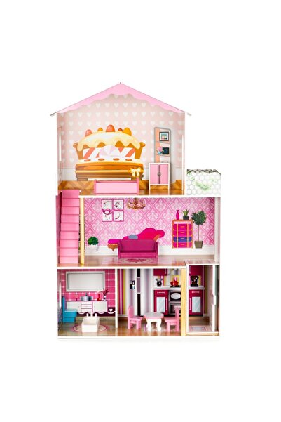 Ecotoys Căsuță de păpuși din lemn cu lift + mobilier