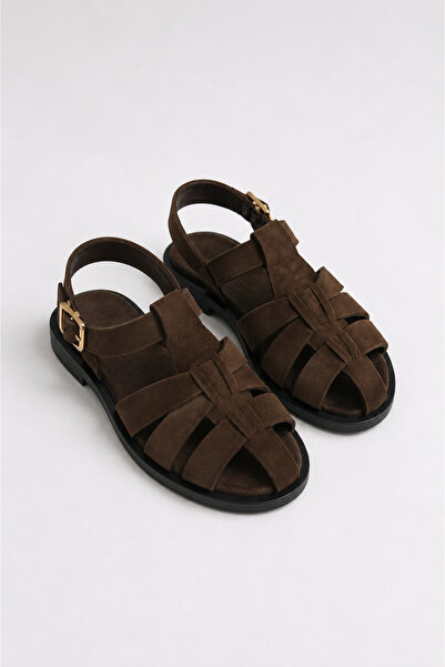 star shoes Sandale de damă din piele intoarsa maro, cu talpa moale, sandale c...