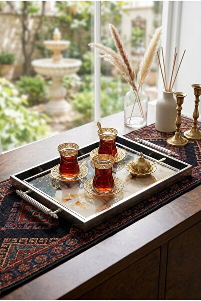 Sembol Luxury Glass Presentation Tray with Handles No. 008 Black Silver Tray ...