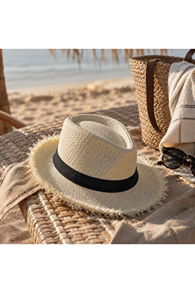 Clayre Beige fedora sun hat with fringed brim Ø 58 cm – Natural/Cream