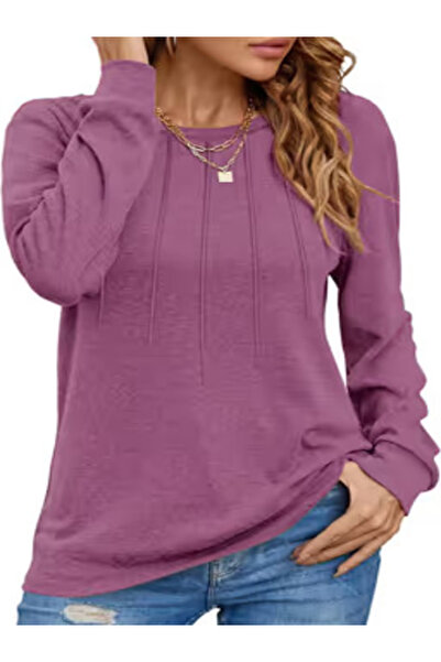 TANMOLO Women's Long Sleeve Pleated Sweater Crew Neck Loose Fit – Purple XL