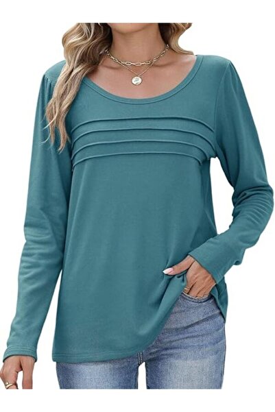 Other Women Casual Long Sleeve Tops Round Neck Tops Winter Loose Pleated Flee...