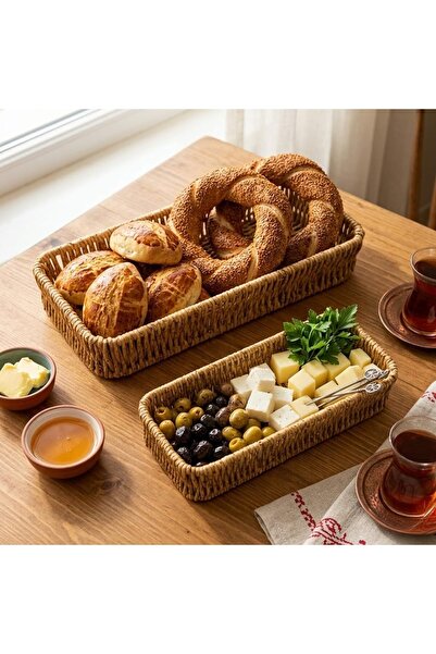 Yıldızan Nzr Beautestore Wicker Weave Rectangular Basket Tray, Set of 2, Natu...