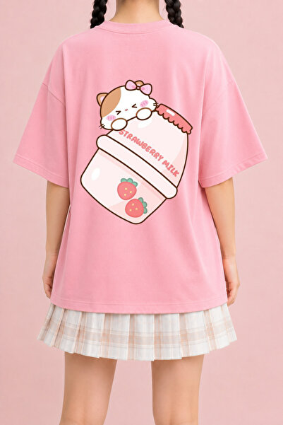 Velostra Women's Strawberry Milk Cat Printed Oversize Crew Neck Cotton Casual...