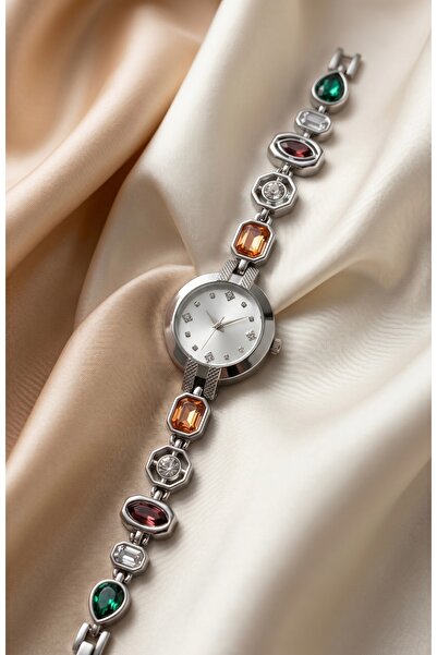 KLISHE Butik Women's Steel Watch Silver Color Special Colorful Natural Stone ...