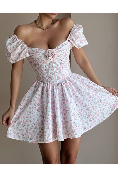 Elia Swimwear Rochie Mini Cu Maneci Scurte Bufante Si Imprimeu Floral Alba Cu...
