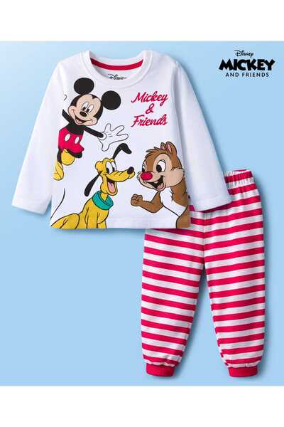 Babyoye Disney Cotton Pajama Set with Mickey & Friends Graphics - White & Red