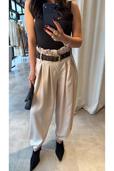 HARMONY GLOBAL Pantaloni shalwar din satin cu talie înaltă, cu curea de piatr...