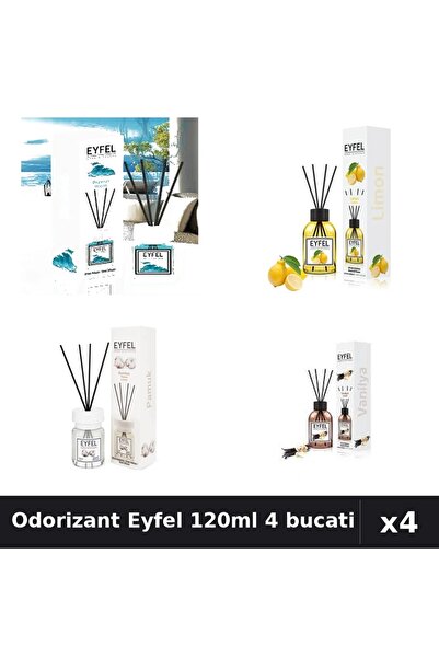 Eyfel Set 4 Odorizant Camera cu Betisoare 120ml - Ocean, Lamaie, Bumbac, Vanilie