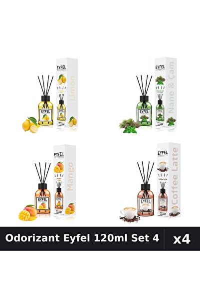 Eyfel Set 4 Odorizante Camera cu Betisoare 120ml - Lamaie, Pin Menta, Mango, ...