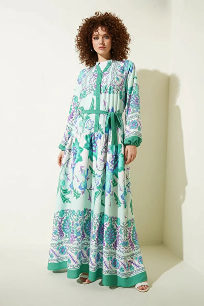 Efnaz style Women's Shirt Collar, Gathered Waist, Floral Patterned Viscose D....