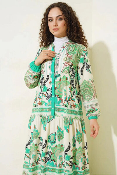 buğrahayalin Women's Shirt Collar, Gathered Waist, Floral Patterned Viscose G...