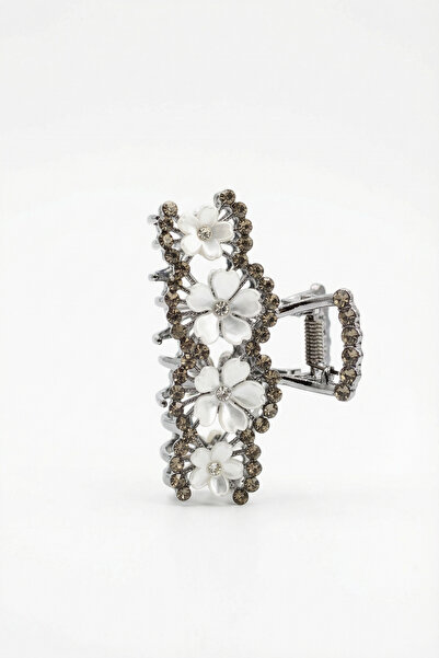Flower Patterned Crystal Gemstone Ratchet Hairpin Silver Color Women's Accessory