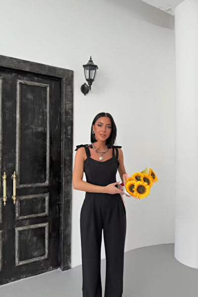 İnouveaue Kadın Keten Geniş Paça Wide Leg Askılı Rahat Tulum