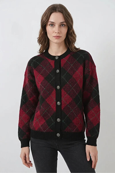Generic Brand Women's Buttoned Diamond Patterned Knitwear Burgundy Cardigan