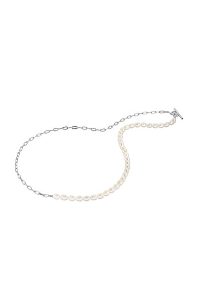 Lisa&Co. Colier Argint Half Pearl Half Chain Argint placat cu rodiu / Perle d...