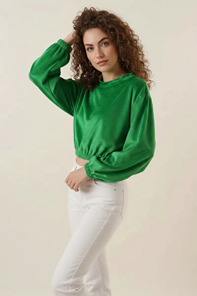 Efnaz style Women's Round Neck High Waist Velvet Green Blouse