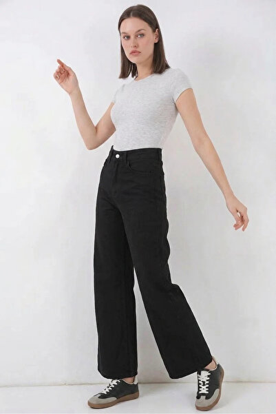 buğrahayalin Women's High Waist Denim Wide Leg Black Palazzo Pants