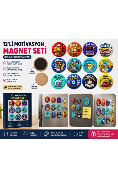 AtaStore Magnet Seti 12'li Motivasyon 6 cm | 5 mm MDF | Güçlü Mıknatıslı | Re...