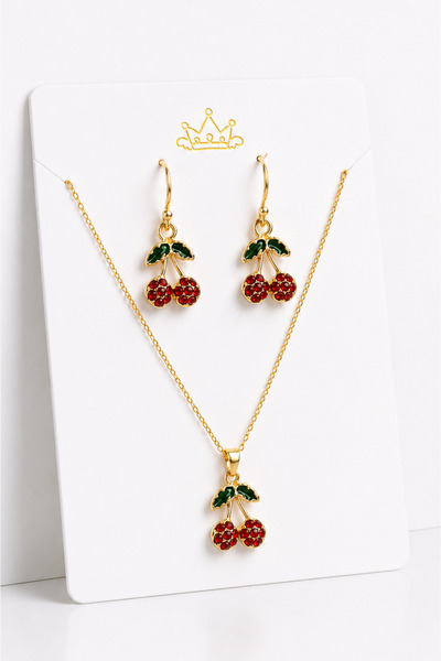 MakeWell Cherry Figured Gold Color Zircon Stone Necklace and Earring Jewelry ...