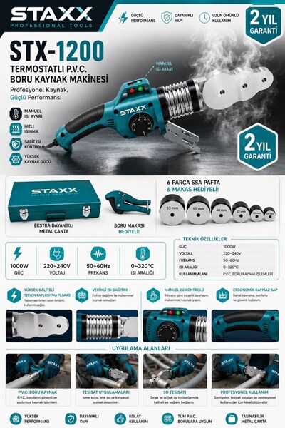 STAXX POWER Termostatlı PVC Boru Kaynak Makinesi 1000W Profesyonel PPRC Kayna...