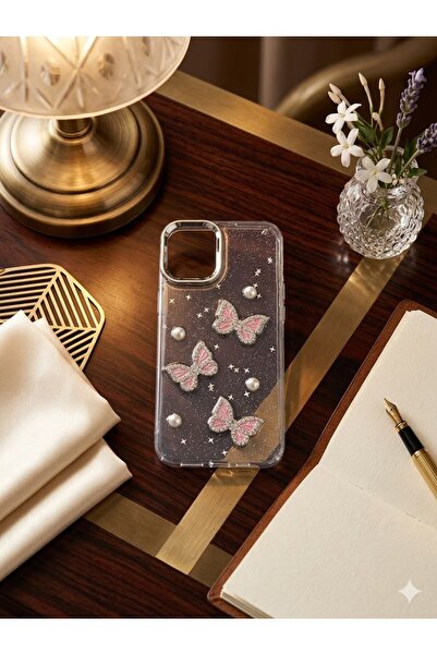 iPhone 16 Plus Uyumlu İnci Detaylı Kelebekli Şeffaf Şık Telefon Kılıfı