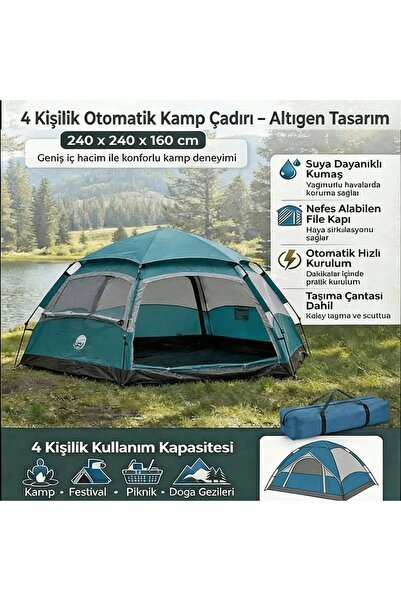 Go İthalat Altıgen Otomatik Hızlı Kurulum Su Geçirmez Kamp Çadırı 4 Kişilik