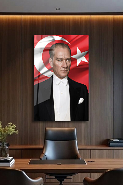 home dekors Atatürk ve Türk Bayrağı Cam Tablo - Atatürk Portresi Duvar Dekoru...