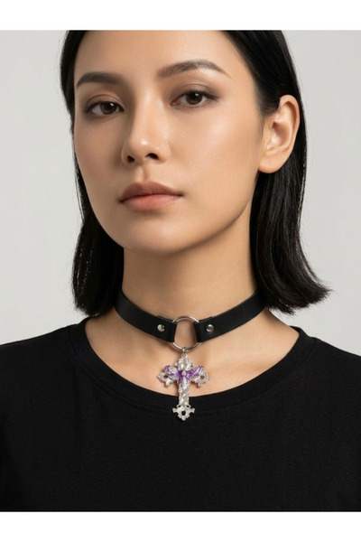 Feronnucci Kadın Gotik Haç Choker Kolye – Siyah Deri Boyunluk, Taşlı Haç Koly...