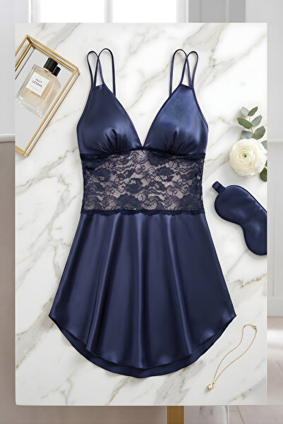 QKK Women's Navy Blue Satin Nightgown