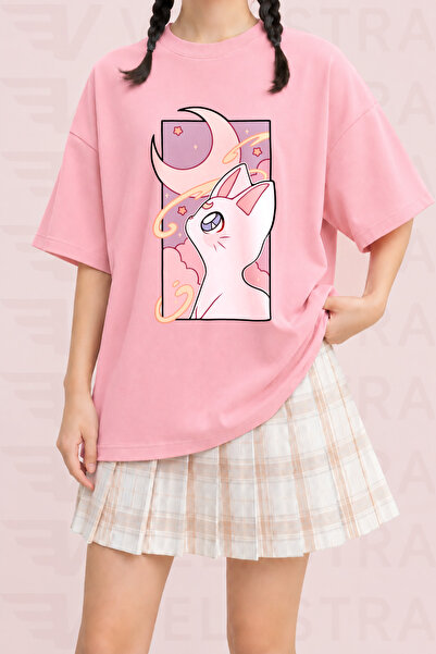 Velostra Women's Sailer Moon Cat Printed Oversize Crew Neck Cotton Casual Com...