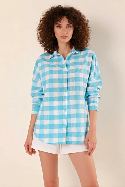 buğrahayalin Women's Checkered Pattern Basic Oversize Cotton Blue Shirt