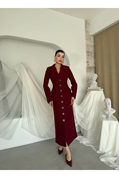 Caddebostan Moda Double-Breasted Collar Buttoned Long Jacket Dress Stylish Of...