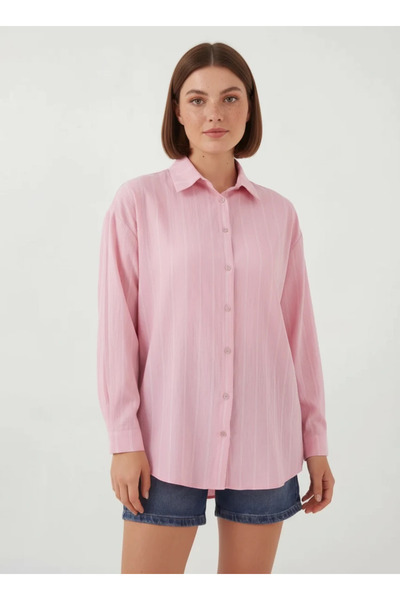Efnaz style Women's Oversize Striped Viscose Pink Shirt
