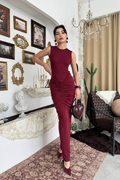Caddebostan Moda Backless Gathered Cut Out Dress Midi Length Evening Dress