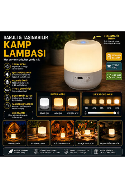 1DepoBu Şarjlı Taşınabilir Kamp Lambası – Dokunmatik, 3 Renk Modlu, Type-C Şa...