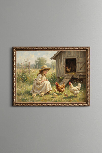 epiqart Şapkalı Kız ve Tavuklar - Vintage Desenli Çerçeve - İnce Model