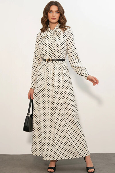 buğrahayalin Women's Bow Collar Belted Polka Dot Ecru Hijab Dress