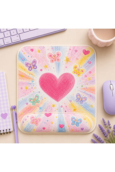 matizya Kalp Desenli Kare Bilek Destekli Mousepad 19x23 cm Pastel Aesthetic E...