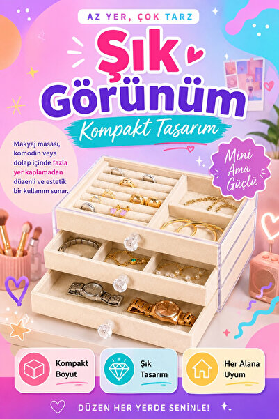 Eco Lounge Kadife Kaplamalı Şeffaf Takı Kutusu Çekmeceli Saat Yüzük Kolye Organizeri